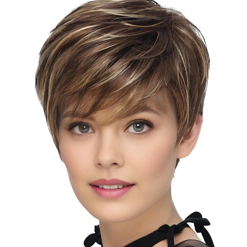 TISHINING Pixie Cut Brown Short Hair Wigs for White Women with Bangs Brown Mixed Blonde Highlights Layered Natural Looking Synthetic Hair Replacement Wigs for Daily Party Use - Image 1