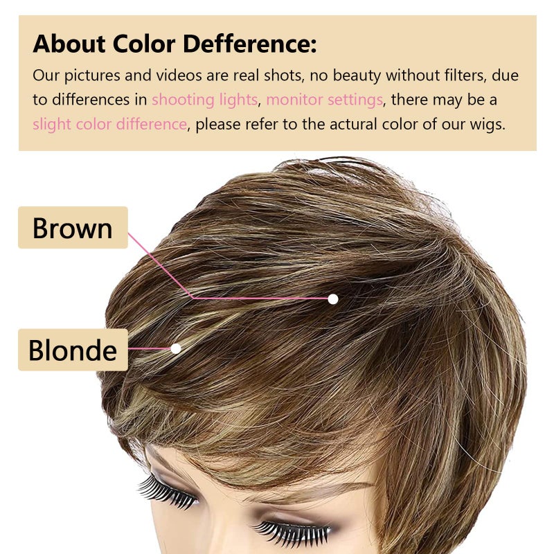 TISHINING Pixie Cut Brown Short Hair Wigs for White Women with Bangs Brown Mixed Blonde Highlights Layered Natural Looking Synthetic Hair Replacement Wigs for Daily Party Use - Image 4