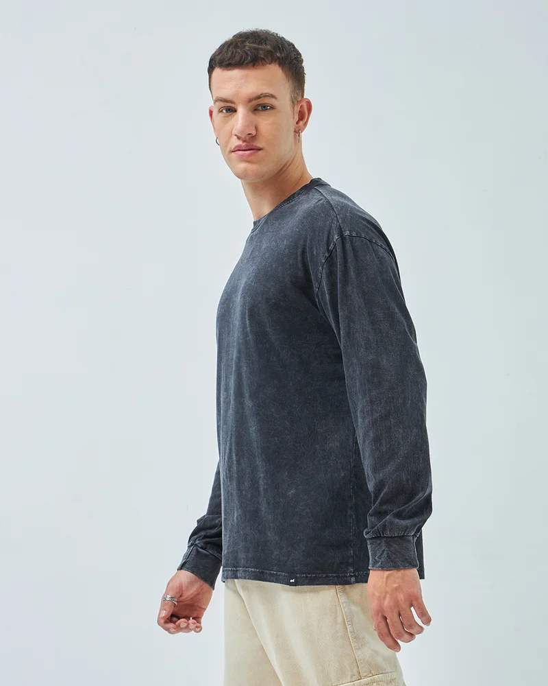 بيواكوف تيشيرت رجالي أسود واسع مغسول بالحمض