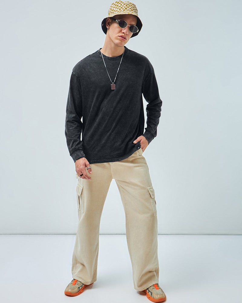 bewakoof Men's Black Oversized Acid Wash T-shirt - Image 5