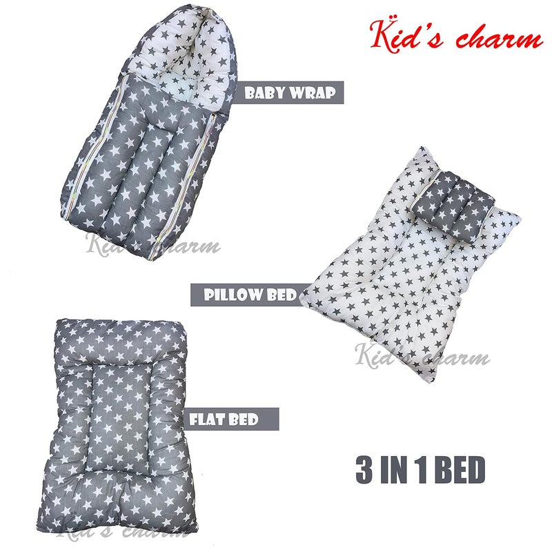 Kid's Charm مجموعة كومبو 2 قطعة للأطفال على شكل نجمة 3 في 1 سرير قطن للأطفال مع حقيبة حمل 2 في 1 سرير قطن للأطفال مع شبكة ناموسية لمدة 48 شهر رمادي - Image 2