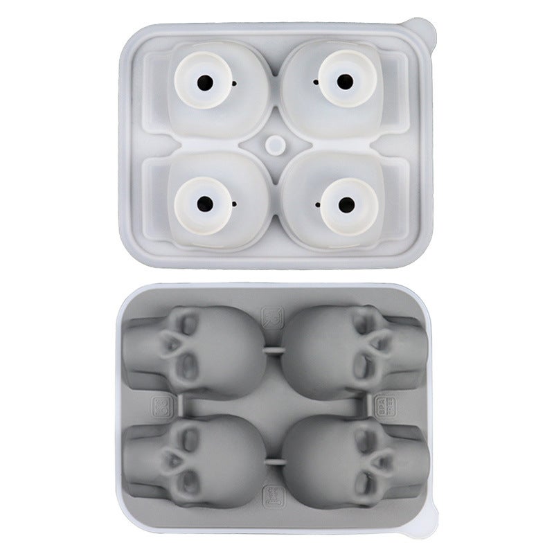 Halloween Skeleton Head Silicone Ice Tray Whiskey Cocktail Ice Cube Mold 4-Connected Skull Design Heat Resistant Freezer Accessory Grey 4 even skull 
