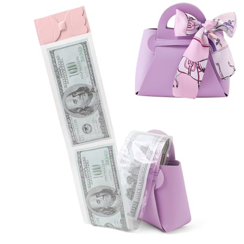 Vane Oak Money Pull Box for Cash, Surprise Money Boxes with Ribbon Leather Mini Bags with 30 Pcs Transparent Bags for Birthday Party Christmas (Purple) - Image 1