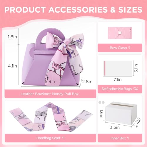 Vane Oak Money Pull Box for Cash, Surprise Money Boxes with Ribbon Leather Mini Bags with 30 Pcs Transparent Bags for Birthday Party Christmas (Purple) - Image 3