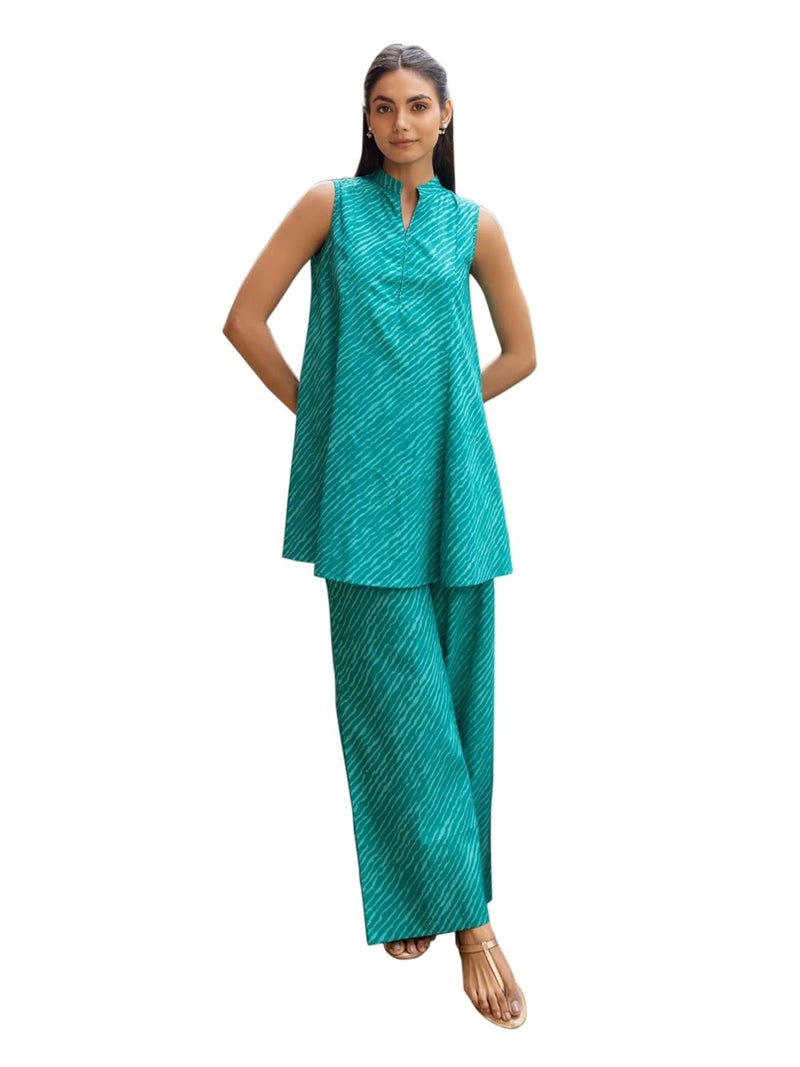 FIORRA Women's Teal Green Cotton Printed Co-ord Set SET0192 - Image 1