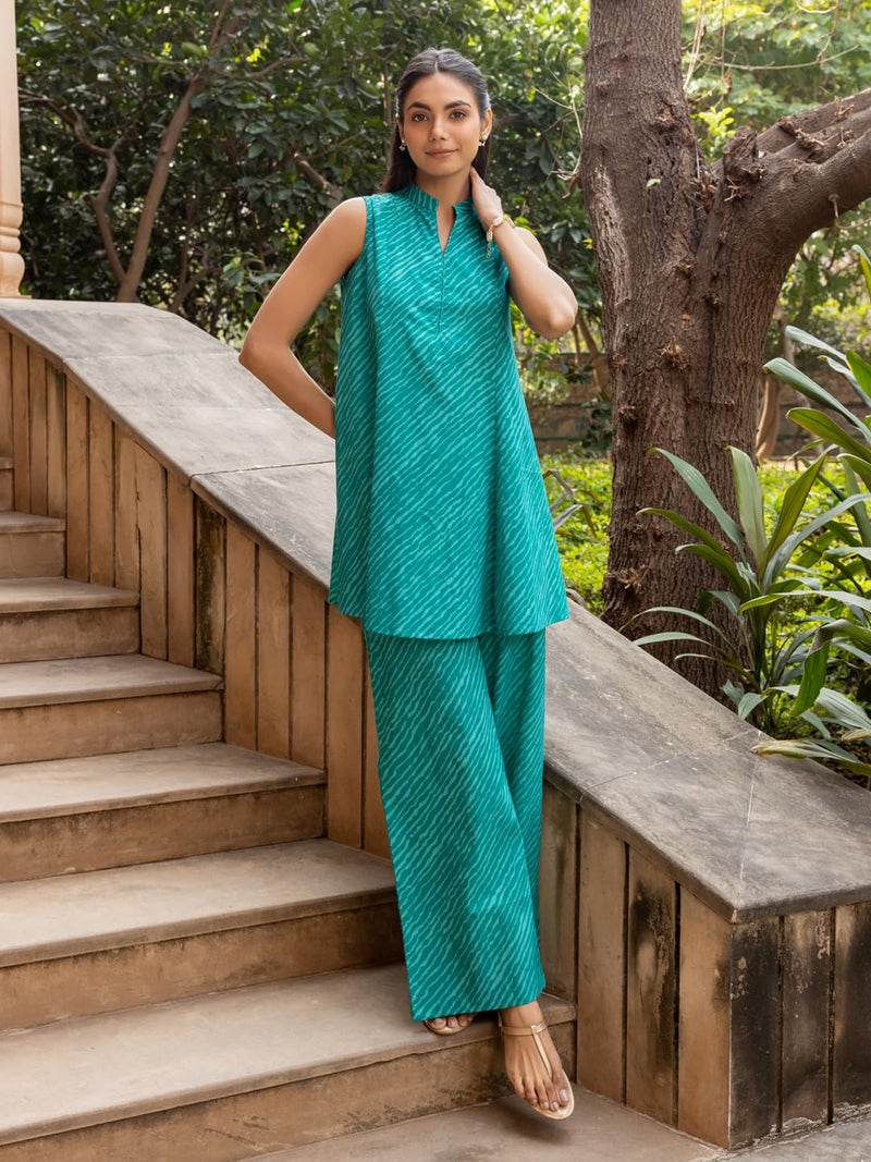 FIORRA Women's Teal Green Cotton Printed Co-ord Set SET0192 - Image 3