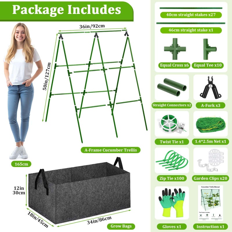 Tidponra Cucumber Trellis with Grow Bag, 50 x 36 Inches Reusable Garden Vegetable Trellis with Fabric Raised Bed, Climbing Net and Plant Support Clips for Greenhouse Climbing Plants - Image 3