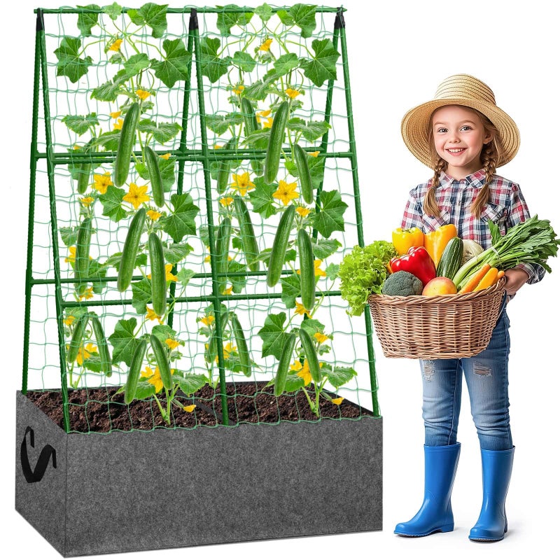 Tidponra Cucumber Trellis with Grow Bag, 50 x 36 Inches Reusable Garden Vegetable Trellis with Fabric Raised Bed, Climbing Net and Plant Support Clips for Greenhouse Climbing Plants - Image 1