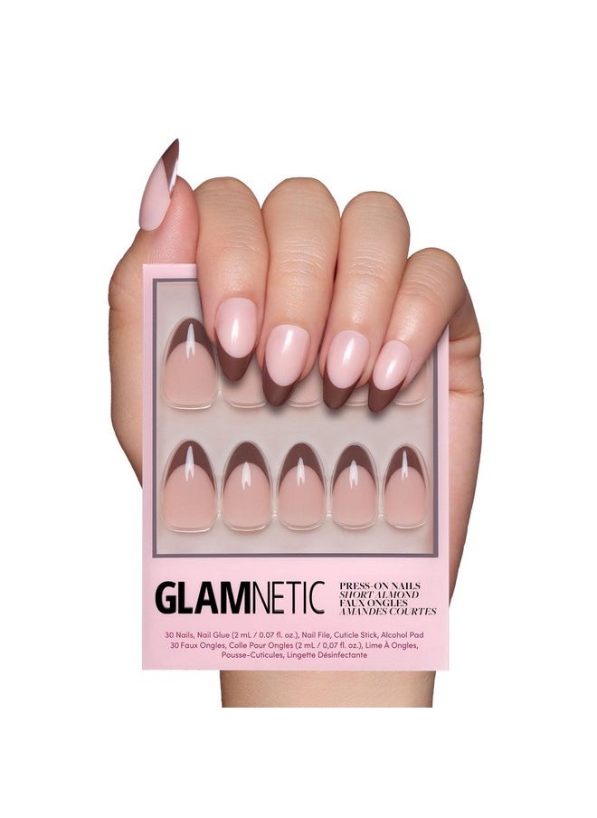 Glamnetic - Press On Nails - Chocolat | Semi-Transparent Dark Brown French Tip Short Almond False Nails, Reusable Stick On Fake Nails With Glue | Salon Quality | 15 Sizes - 30 Nail Kit - Image 1