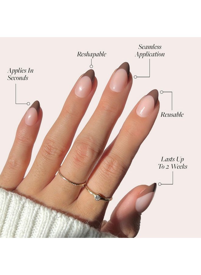 Glamnetic - Press On Nails - Chocolat | Semi-Transparent Dark Brown French Tip Short Almond False Nails, Reusable Stick On Fake Nails With Glue | Salon Quality | 15 Sizes - 30 Nail Kit - Image 1