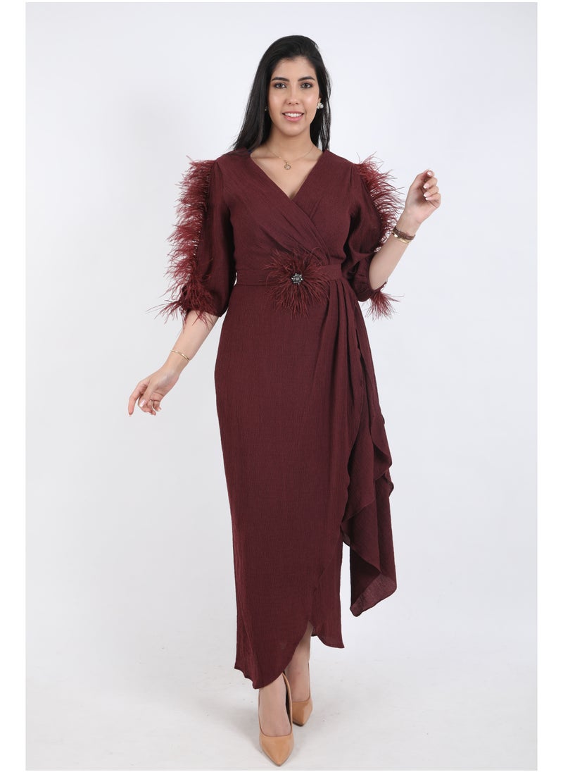 FULL JOY - An Elegant Maxi Dress with  a belt on the waist,Maroon - Image 1
