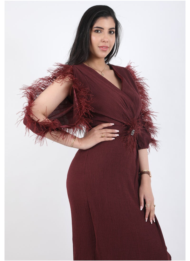 FULL JOY - An Elegant Maxi Dress with  a belt on the waist,Maroon - Image 1