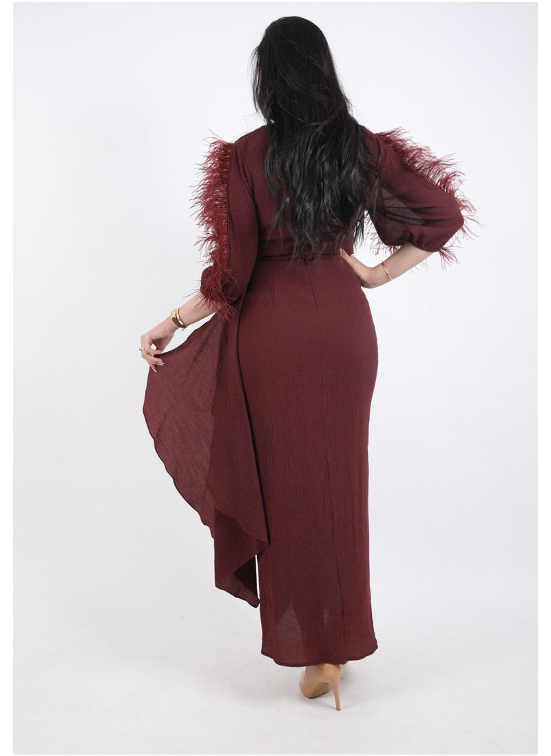 FULL JOY - An Elegant Maxi Dress with  a belt on the waist,Maroon - Image 1