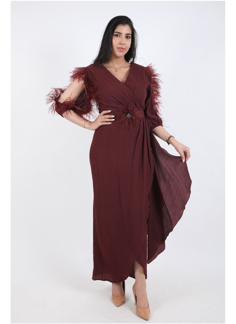 FULL JOY - An Elegant Maxi Dress with  a belt on the waist,Maroon - Image 1