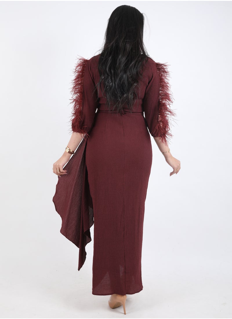 FULL JOY - An Elegant Maxi Dress with  a belt on the waist,Maroon - Image 1