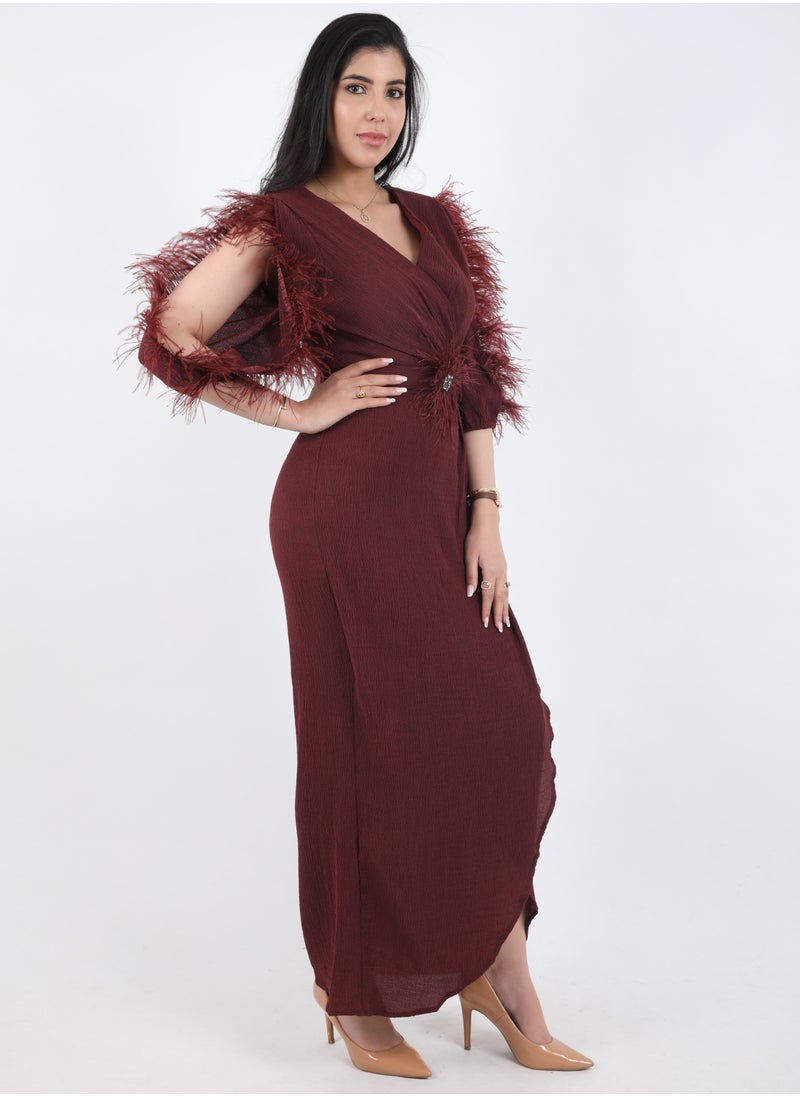 FULL JOY - An Elegant Maxi Dress with  a belt on the waist,Maroon - Image 1