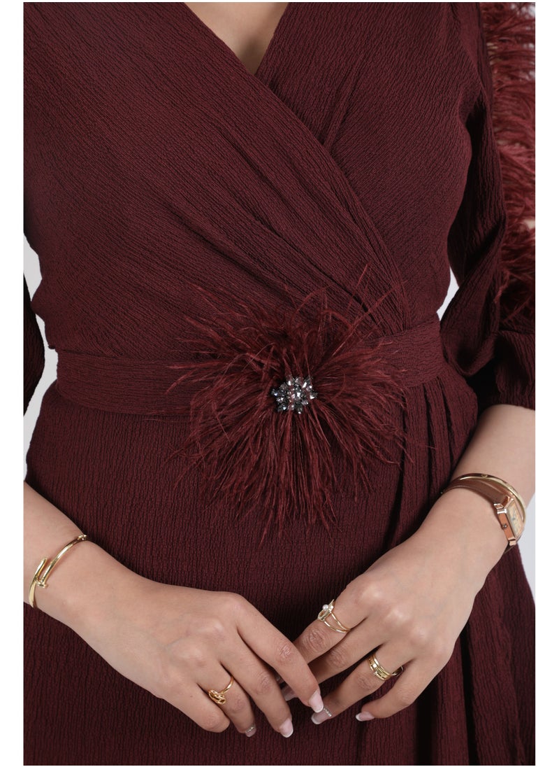 FULL JOY - An Elegant Maxi Dress with  a belt on the waist,Maroon - Image 1
