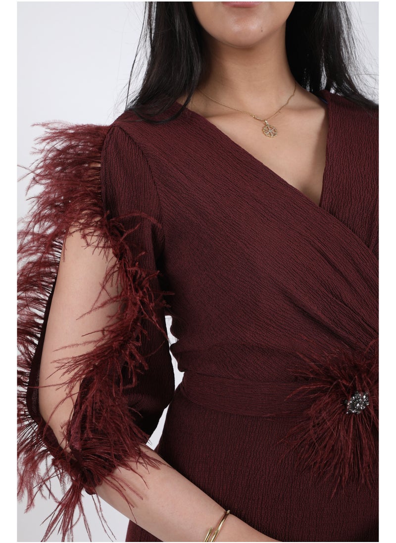 FULL JOY - An Elegant Maxi Dress with  a belt on the waist,Maroon - Image 1