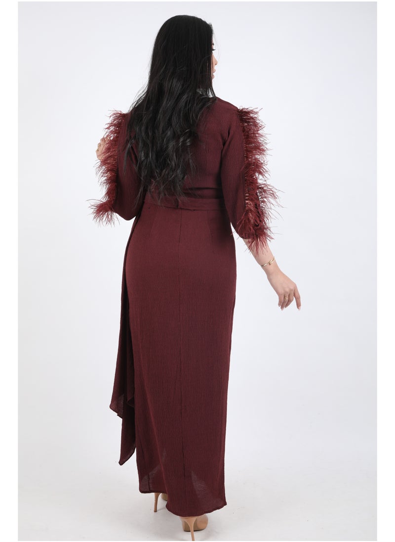 FULL JOY - An Elegant Maxi Dress with  a belt on the waist,Maroon - Image 1