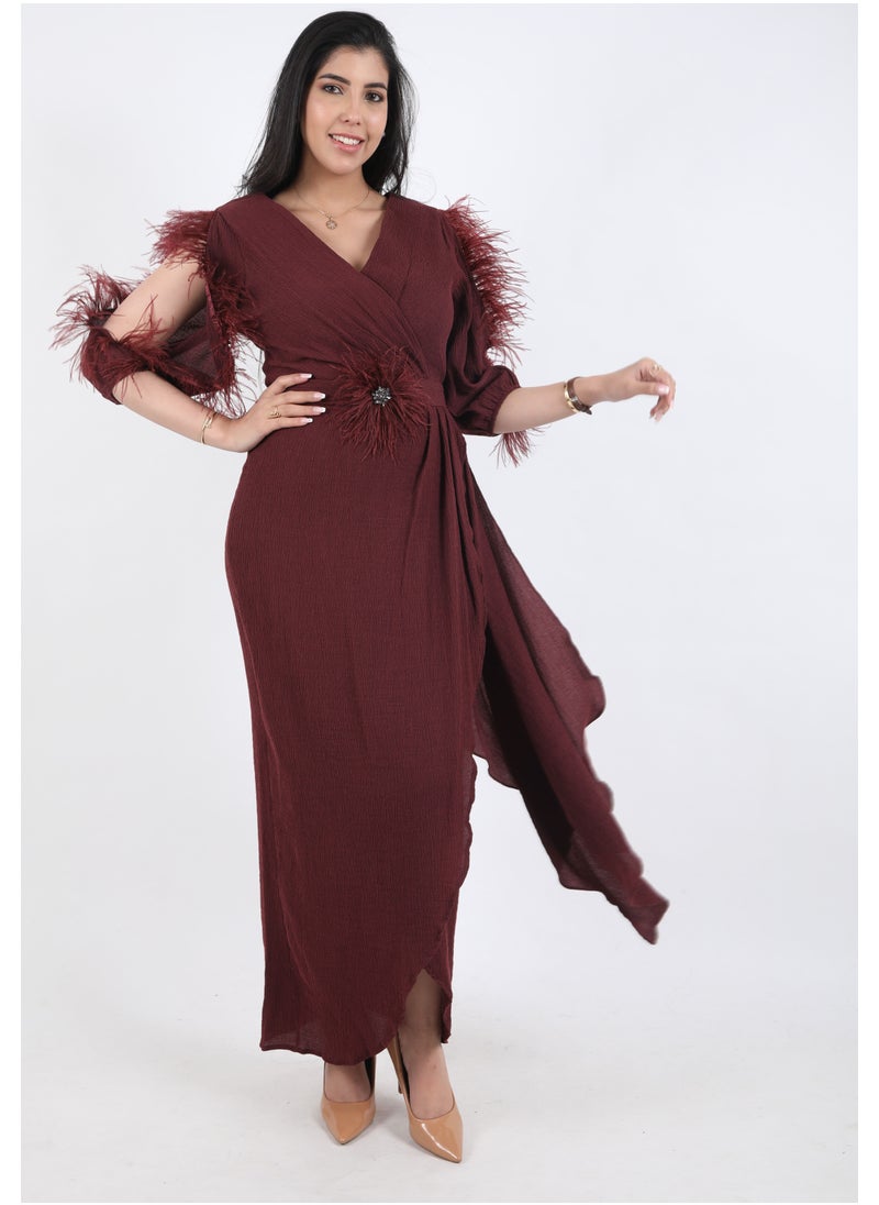 FULL JOY - An Elegant Maxi Dress with  a belt on the waist,Maroon - Image 1