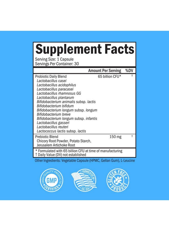 BioSchwartz بروبيوتيك 65 مليار - بروبيوتيك مع بريبيوتيك للنساء والرجال - كبسولات لاكتوباسيلوس أسيدوفيلوس لصحة الجهاز الهضمي - تقنية الإفراج المستهدف - مكمل مستقر على الرف خالي من الكائنات المعدلة وراثيًا وخالي من الألبان - 30 حبة - Image 2