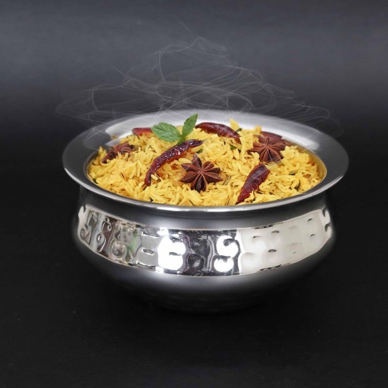 Spillbox Stainless Steel Kitchen Utensils Cooking Serving Tope Set|Handi Set|Urli |Serveware|Tope|Patila|Tope Set|Cookware Bowl- Hammered Briyani Handi (Small) - Image 1
