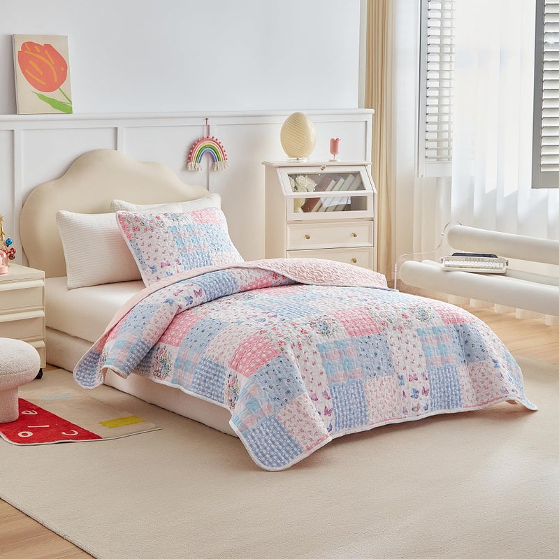 Joyreap Queen Size Quilt Set for Girls, Pink n Blue Floral Patchwork Design, 3 Pieces Soft n Cozy Microfiber Quilt, Bedspread Bed Cover for All Season- 90x90 inches - Image 2