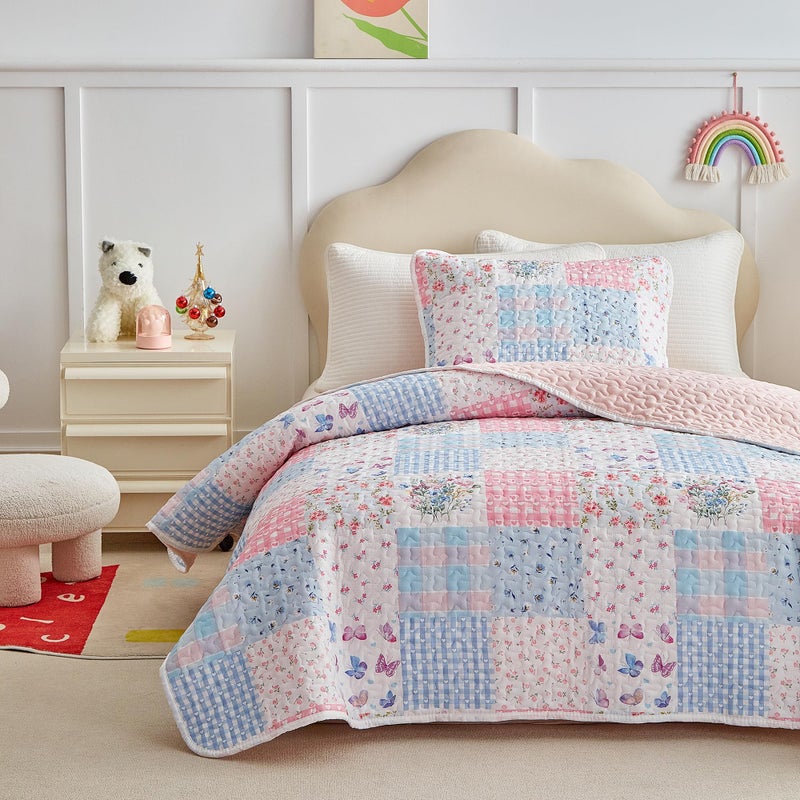 Joyreap Queen Size Quilt Set for Girls, Pink n Blue Floral Patchwork Design, 3 Pieces Soft n Cozy Microfiber Quilt, Bedspread Bed Cover for All Season- 90x90 inches - Image 3