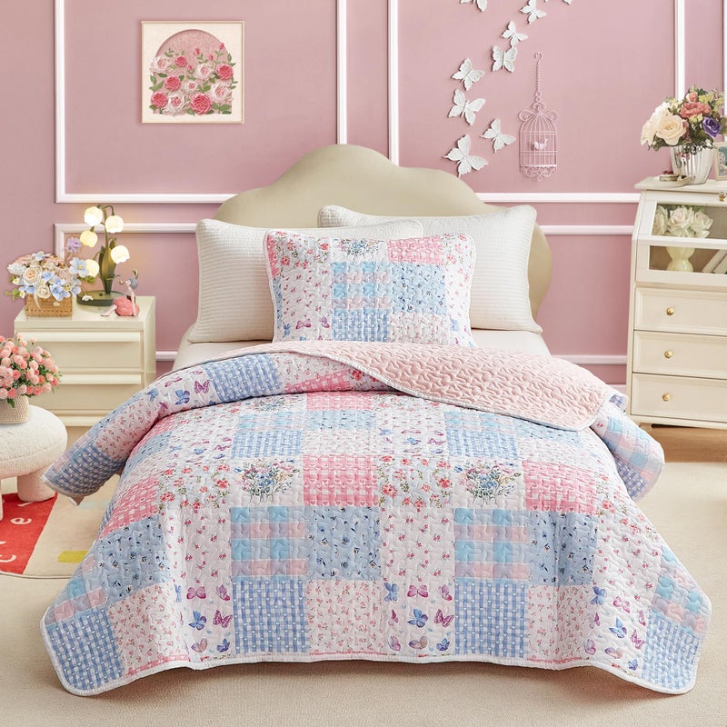 Joyreap Queen Size Quilt Set for Girls, Pink n Blue Floral Patchwork Design, 3 Pieces Soft n Cozy Microfiber Quilt, Bedspread Bed Cover for All Season- 90x90 inches - Image 1