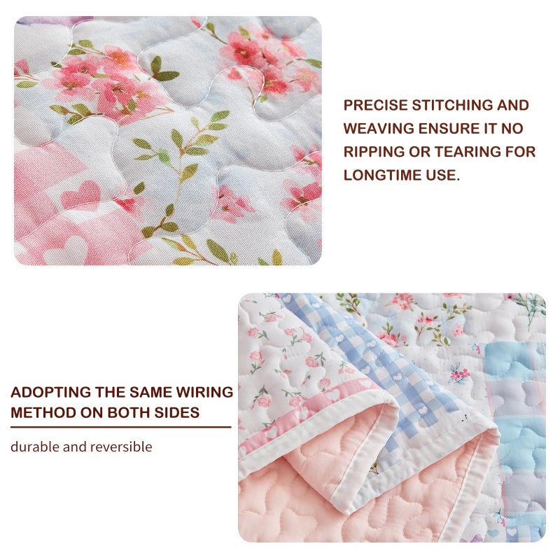 Joyreap Queen Size Quilt Set for Girls, Pink n Blue Floral Patchwork Design, 3 Pieces Soft n Cozy Microfiber Quilt, Bedspread Bed Cover for All Season- 90x90 inches - Image 4