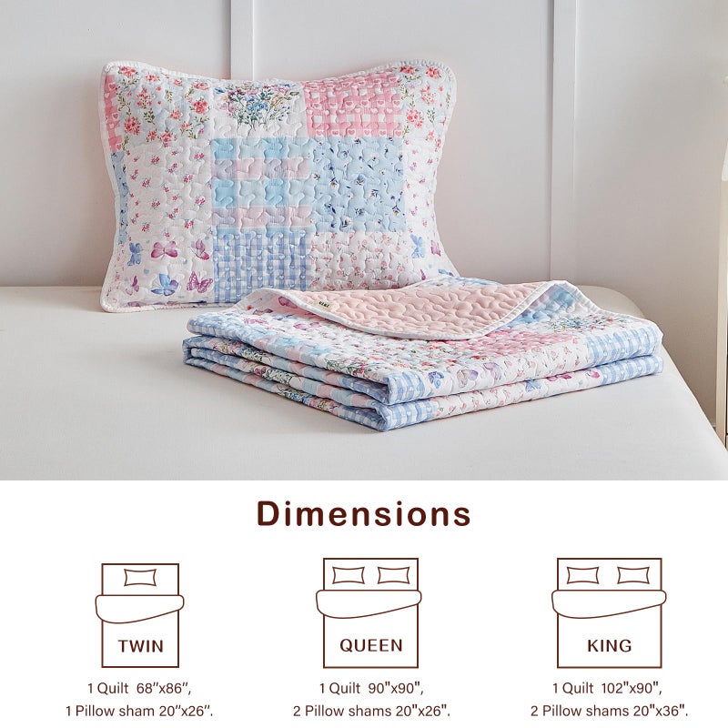 Joyreap Queen Size Quilt Set for Girls, Pink n Blue Floral Patchwork Design, 3 Pieces Soft n Cozy Microfiber Quilt, Bedspread Bed Cover for All Season- 90x90 inches - Image 5