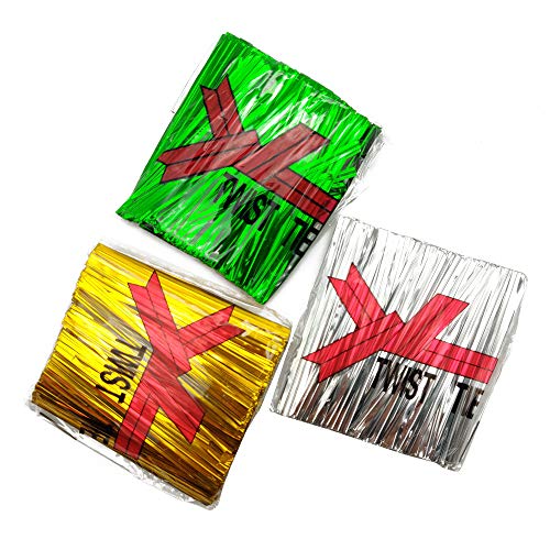 Esslly Twist Ribbon Strips for Gift Packaging - 900 Metallic Finish Ties in Gold, Silver & Green, 8cm for Chocolate, Candy & Food Packets - Image 1