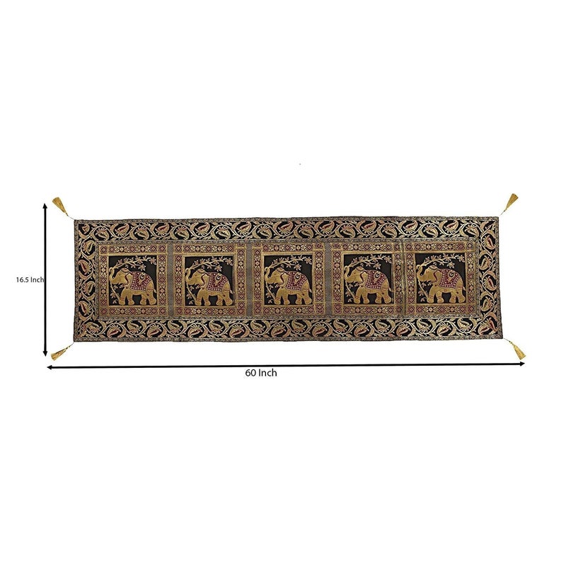 E - Ezra EEZRA Enhanced Decor Silk Feel Fabric Elephant Design Digital Brocade Jacquard Double Layered 4 6 Seater Table Runner End Gold Tassels Cloth 16 Inches X 60 Inches Black - Image 4