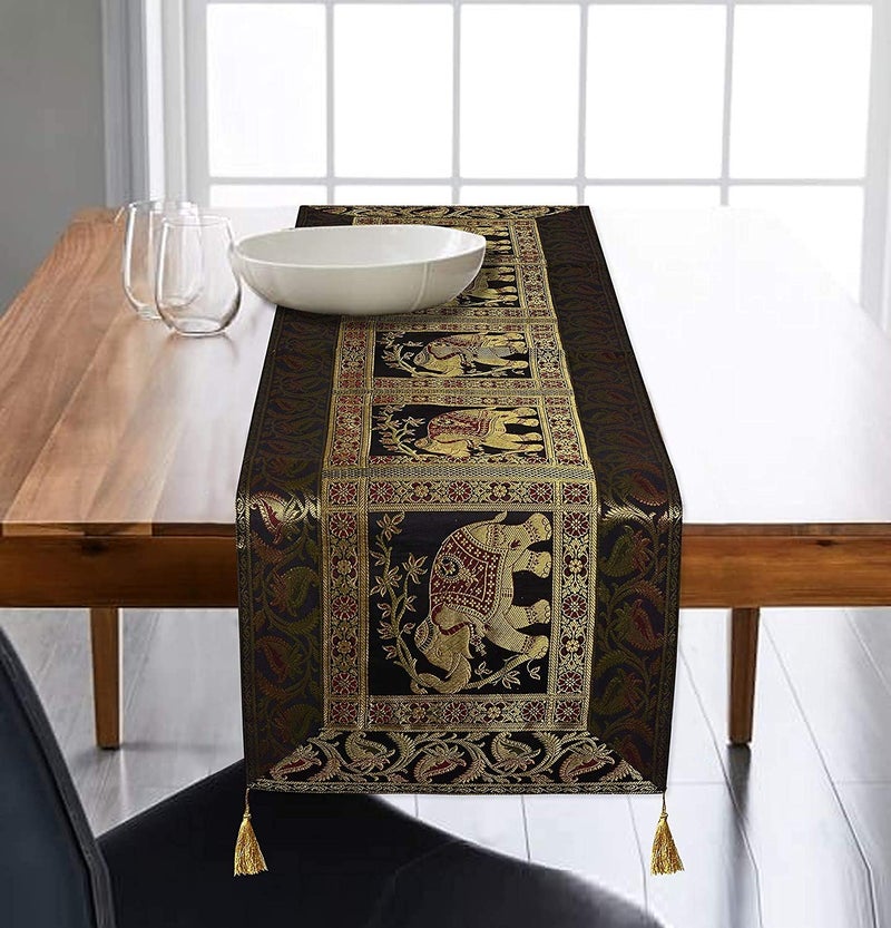 E - Ezra EEZRA Enhanced Decor Silk Feel Fabric Elephant Design Digital Brocade Jacquard Double Layered 4 6 Seater Table Runner End Gold Tassels Cloth 16 Inches X 60 Inches Black - Image 1