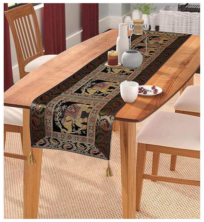 E - Ezra EEZRA Enhanced Decor Silk Feel Fabric Elephant Design Digital Brocade Jacquard Double Layered 4 6 Seater Table Runner End Gold Tassels Cloth 16 Inches X 60 Inches Black - Image 5