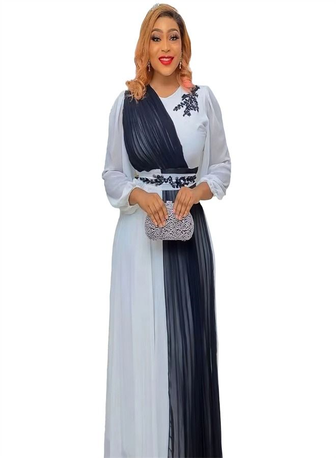 Loquat Women's Round Neck Studded Waist Chiffon Dress White 