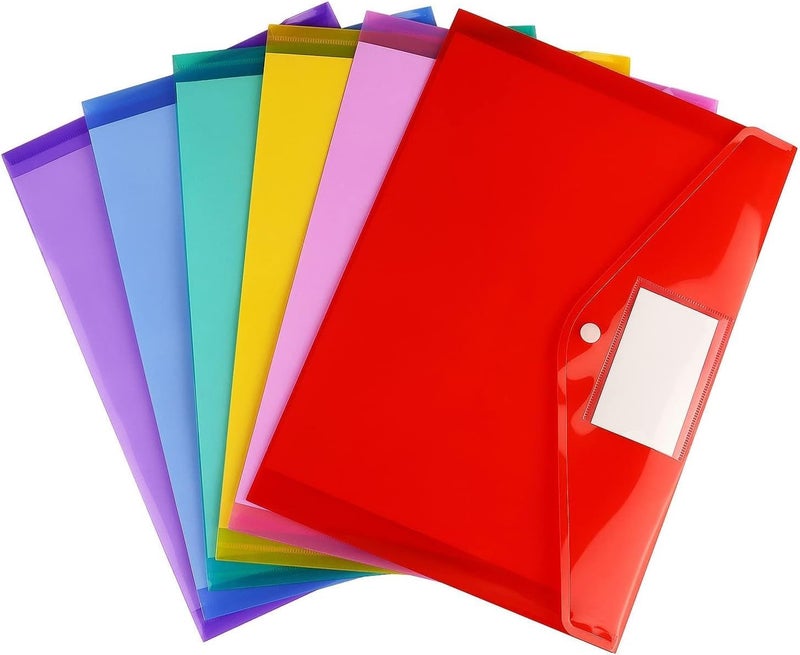 Elvyagod 6 Pack Clear Document Folders Plastic Envelopes Poly Envelopes File with Label Pocket and Snap Button for Home Work Office Organization, Letter Size/A4 Size, 6 Colors - Image 2