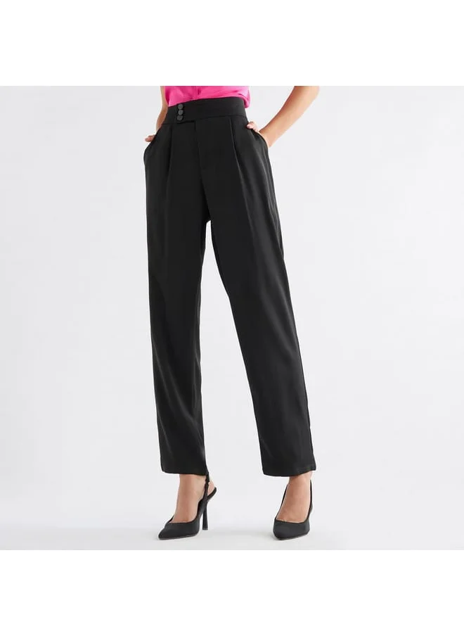 FAV Solid Pleat Detail Trousers with Button Closure