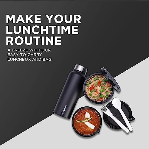 SOPL-OLIVEWARE Teso Lunch Box with Plastic Cutlery, 3 Microwave Safe Inside Steel Containers with BPA free Lids (290ml, 450ml & 600ml), Plastic Pickle Box (130ml), Steel Water Bottle (750ml) - Black - Image 5