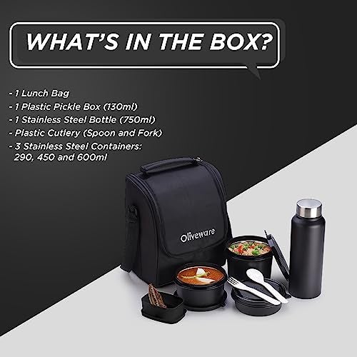 SOPL-OLIVEWARE Teso Lunch Box with Plastic Cutlery, 3 Microwave Safe Inside Steel Containers with BPA free Lids (290ml, 450ml & 600ml), Plastic Pickle Box (130ml), Steel Water Bottle (750ml) - Black - Image 3
