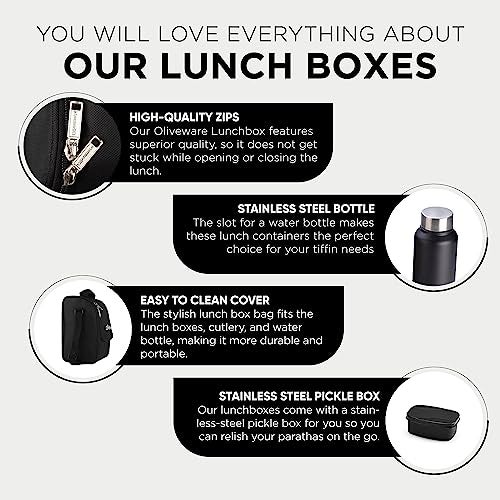 SOPL-OLIVEWARE Teso Lunch Box with Plastic Cutlery, 3 Microwave Safe Inside Steel Containers with BPA free Lids (290ml, 450ml & 600ml), Plastic Pickle Box (130ml), Steel Water Bottle (750ml) - Black - Image 4