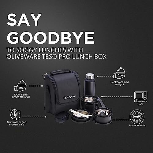 SOPL-OLIVEWARE Teso Lunch Box with Plastic Cutlery, 3 Microwave Safe Inside Steel Containers with BPA free Lids (290ml, 450ml & 600ml), Plastic Pickle Box (130ml), Steel Water Bottle (750ml) - Black - Image 2