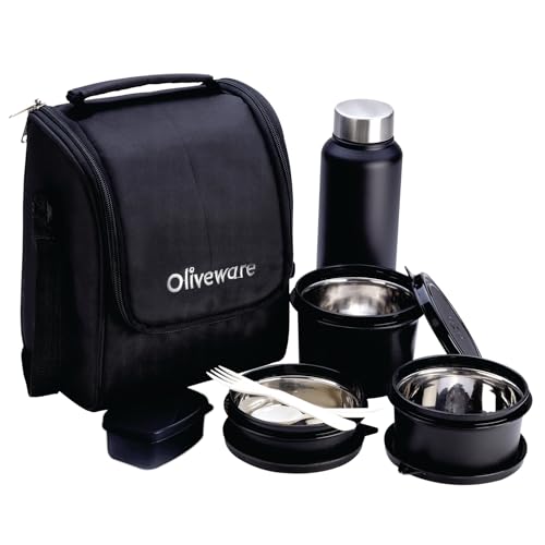 SOPL-OLIVEWARE Teso Lunch Box with Plastic Cutlery, 3 Microwave Safe Inside Steel Containers with BPA free Lids (290ml, 450ml & 600ml), Plastic Pickle Box (130ml), Steel Water Bottle (750ml) - Black - Image 1