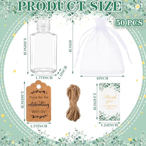 Tiangrid 50 Sets Mini Hand Sanitizer Bottles Bulk 2oz Empty Hand Sanitizer Travel Size Wedding Favors for Guests with Organza Bags Thank You Tags for Woman EmployeesEucalyptus Green - Image 3