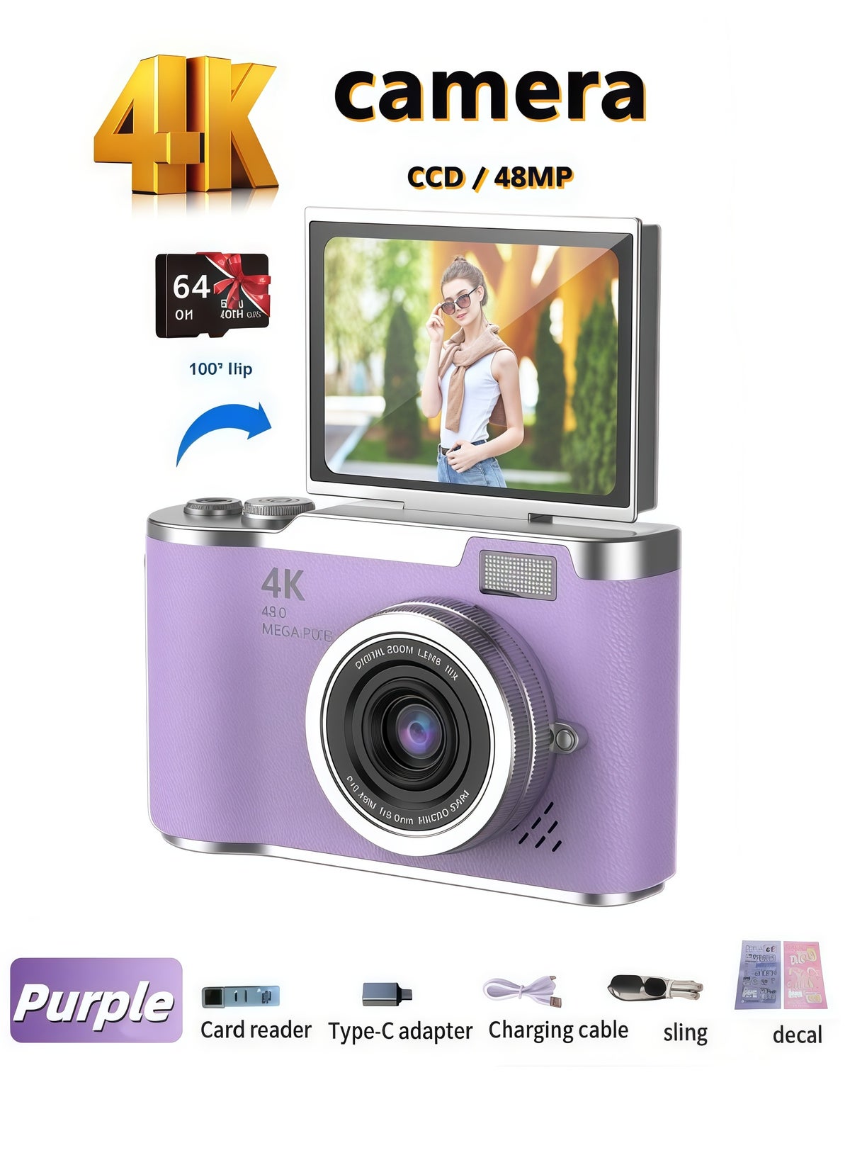 Generic 4K CCD Digital Zoom Student Camera 48MP Portable Selfie God 180 ...