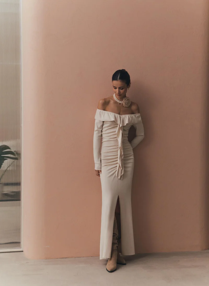 Lichi Fitted maxi dress with voluminous flounces