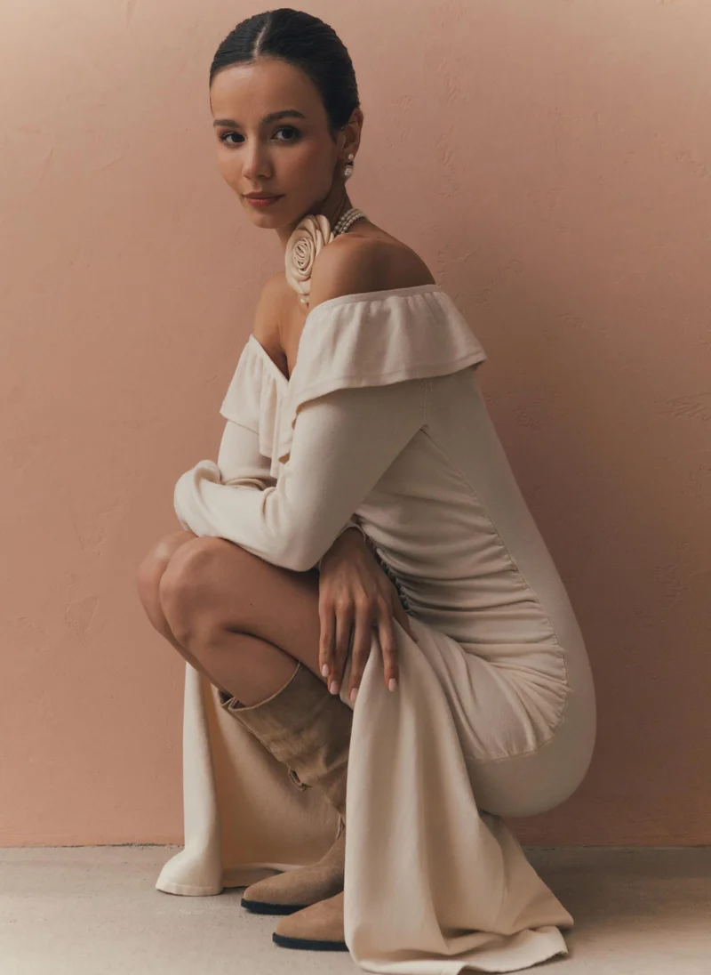 Lichi Fitted maxi dress with voluminous flounces