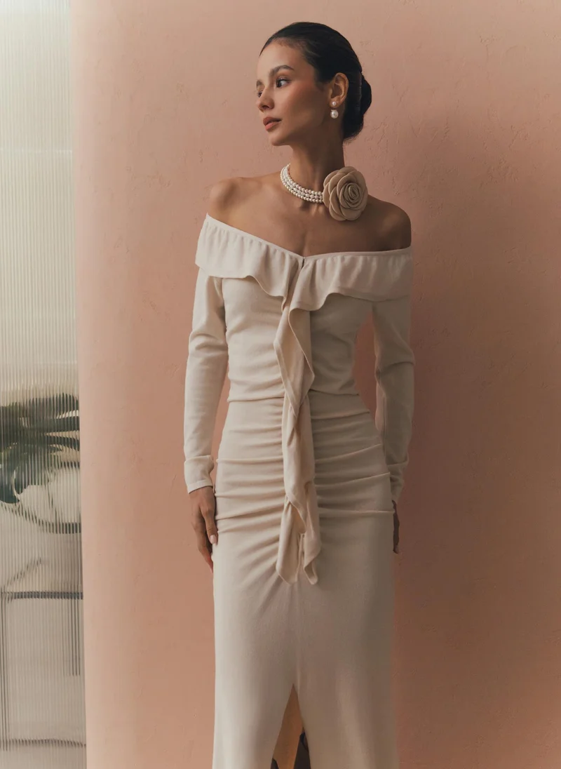 Lichi Fitted maxi dress with voluminous flounces