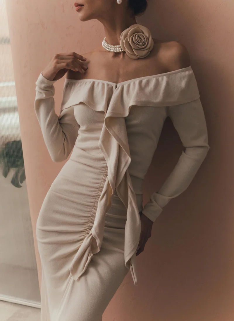 Lichi Fitted maxi dress with voluminous flounces