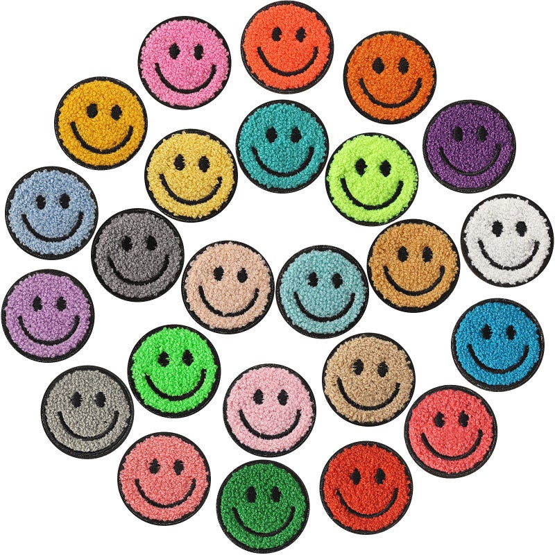 Juinte Juinte 24 Pcs Smile Face Patch Iron on Patches 2 Inch Chenille Cute Preppy Happy Face Patches Glitter Heat Sequins Applique for Backpacks Hats Clothes Jackets Decorative DIY Craft
